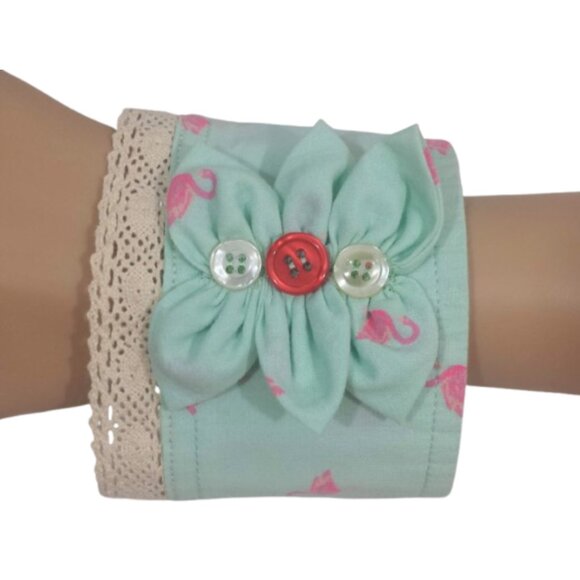 Handcrafted Re-Purposed Mint Green & Pink Flamingo Boho Shirt Cuff Bracelet - Picture 1 of 5